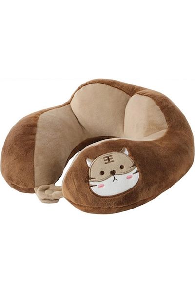 FEN Travel Pillow for Neck and Head, Cotton Filling, 28x28x10 cm, Embroidered Cat Design, Brown