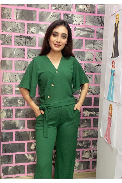 EGELİMODA Bürümcük Green Buttoned Tie-Up Summer Double Suit