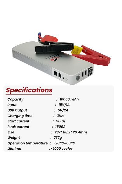 3XR 10000mAh Jump Starter Power Bank, 12V Portable Battery Booster, 1500A Peak Current for Vehicle