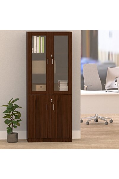 Mahmayi Argent 1123 Full Height Bookshelf, Cabinet with Glass Doors Without Digital Lock, Dark Walnut