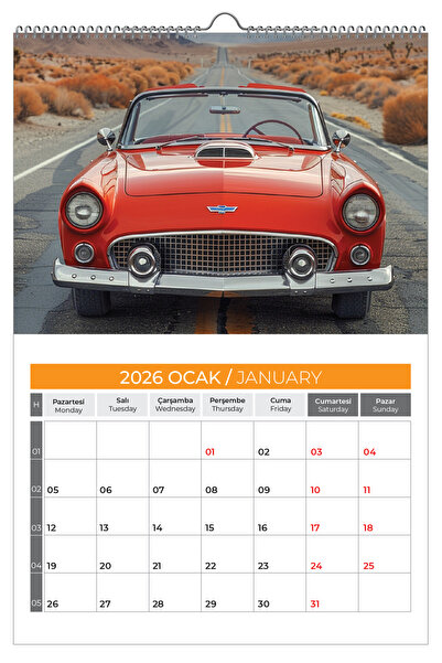 NATURELBASIM 2026 KLASİK ARABA RETRO DUVAR TAKVİMİ-PLANLAMALI SEÇENEK İLE