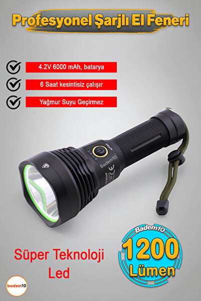 Badem10 El Feneri 1200 Lümen Uzun Menzil 20W 6000 mAh Şarjlı Powerbank Ledli ...
