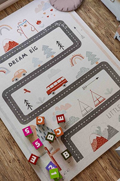 Serente Home Trafik Desenli Anti-bakteriyel Kaymaz Taban Şönil Bej Mavi Çocuk...