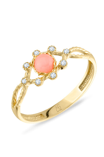 Aslı Gold Minimal Pembe Opal Taşlı Altın Yüzük (YZK0440)