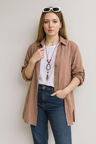 AGORATEKSTİL Women's Complete Buttoned Linen Cotton Shirt Oversize