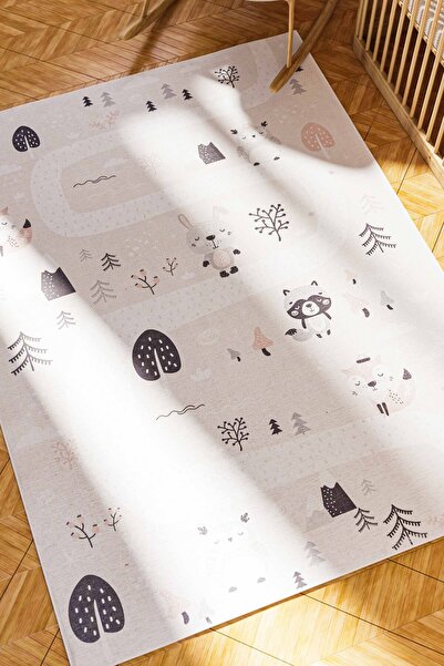 Rabbit Pattern Anti-bacterial Anti-Slip Base Chenille Grey Pink Children's Rug 4190