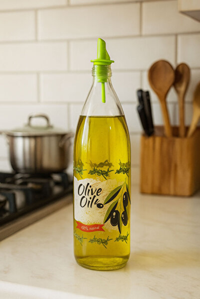SİHİRLİ AYAKLAR Olive Oil Patterned Round Form Glass Oil Pot Olive Oil Bottle Easy Pouring Cover 1Lt