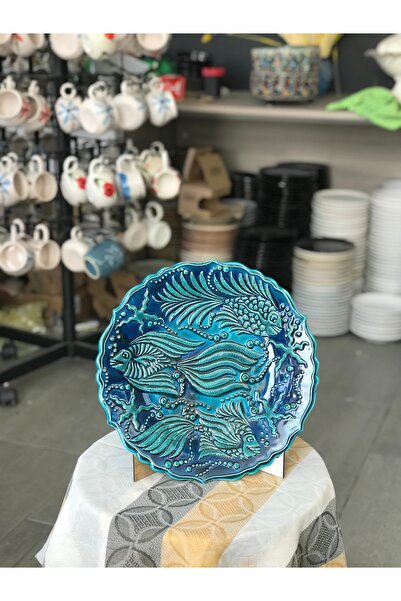 RGS HOMELİFE Χειροποίητο Κεραμικό Πιάτο Τοίχου – Μπλε Μοτίβο Ψαριού 31 εκ.