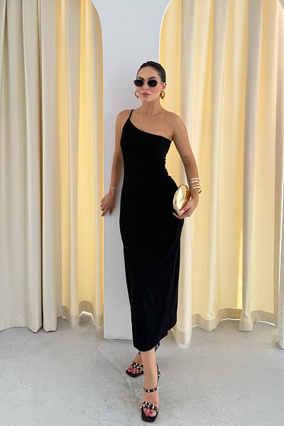 Seda Yalçın Atelier Black One Shoulder Midi Dress