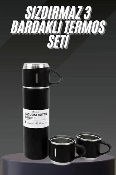 CPU ELEKTRONİK Stainless steel thermos set with 3 cups vacuum thermos set 500 ml up to 12 hours heat preservation