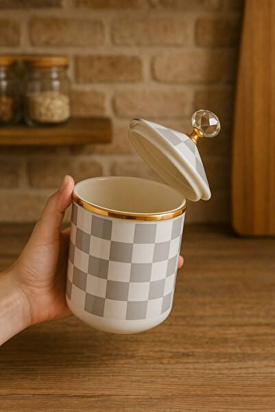 morponi Enamel Luxury Checkered Jar Gray-White 14 cm 1 Piece