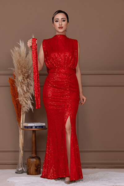 BEYBOS Pul Payet Kumaş Büzgü Detaylı Abiye Elbise - KIRMIZI