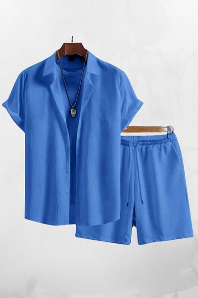 Ferhatlı Men's Crinkle Fabric Wrinkle Suit Summer Buttoned Short Sleeve Shirt and Shorts Suit with Pockets