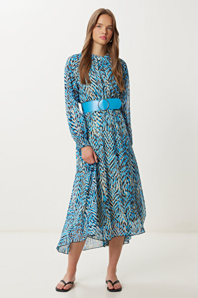 Lovelyİstanbul Šifonové šaty s páskem a vzorem LFG0070 BLUE BONE