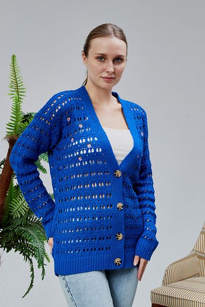 LUGMO Women's Knitwear Cardigan Flower Embroidered Perforated Standard Size Saks Blue
