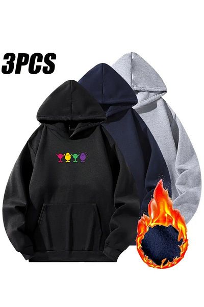 Sweetline 3-Piece Hooded Minimal Figure Printed Sweatshirt Set-Black-Grey-Navy Blue, Thick Fabric with Hood