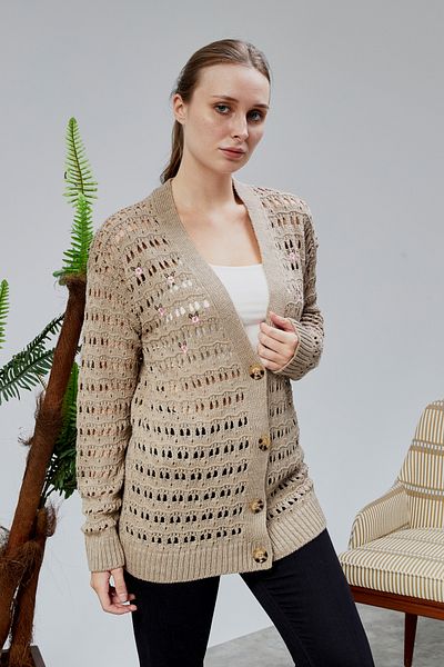 LUGMO Women's Knitwear Cardigan Flower Embroidered Perforated Standard Size Mink