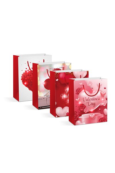 Mercaton Set Mercaton, 12 Pungi Cadou de Hartie, cu LED-uri Rosii Multicolore, 4 Tipuri, Tematica Valentine&#