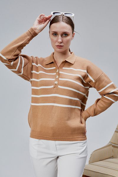 LUGMO Women's Polo Neck Oversize Striped 4 Button Knitwear Sweater Mink