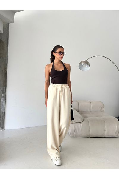 ÇEÇİM Women's High Waist Wide Leg Elastic Waist Comfortable Cut Pants Zyn-58800