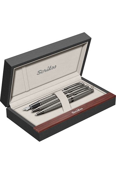 Scrikss 38 Fountain Pen + Ballpen + Versatile Triple Set Carbon Gray (Lifetime Warranty-Luxury Boxed)
