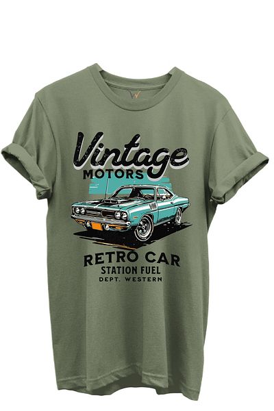 WİDİ Vintage Motors Written Retro Car Printed 100% Cotton Regular Fit Unisex T-Shirt