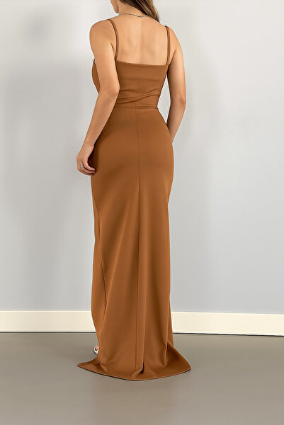 Deafox Coffee Scuba Fabric Maxi Length Evening Dress