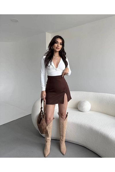 Stil Sepeti Fusta mini maro cu talie înaltă pentru femei ELY-10001657
