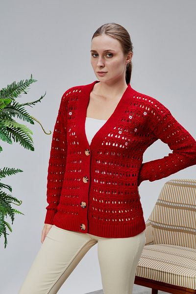 LUGMO Women's Knitwear Cardigan Flower Embroidered Perforated Standard Size Red