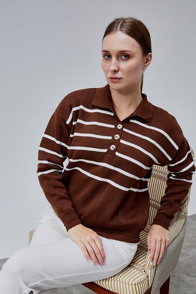 LUGMO Women's Polo Neck Oversize Striped 4 Button Knitwear Sweater Brown