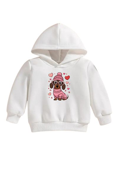 VBSVİBES Children's White Hooded Sweatshirt – Dog Heart Printed, Thick Fabric with Embossed