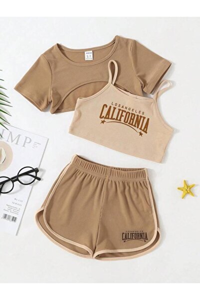 NoVibe Kız Çocuk California Baskılı 3'lü Set T-shirt Askılı Crop Şort Takım