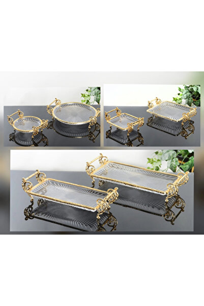 AlyaHomeAksesuar 6 Parça Gold Renk Metal Çerçeveli Cam Servis Tabağı Seti