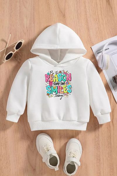 VBSVİBES Children's White Hooded Sweatshirt – Reason Smile Printed, Thick Fabric with Hood