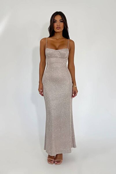 Welsoft Glitter Fabric Chest Gloplu Back Metal Agraf Detailed Dress