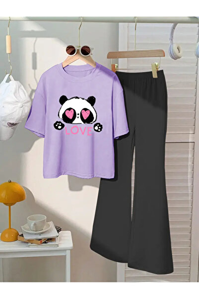 NoVibe Tricou cu imprimeu Panda pentru copii Set pantaloni de sport cu picioa...