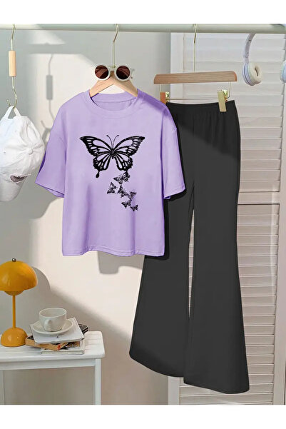 NoVibe Tricou cu imprimeu fluture pentru copii Set pantaloni de sport spaniole