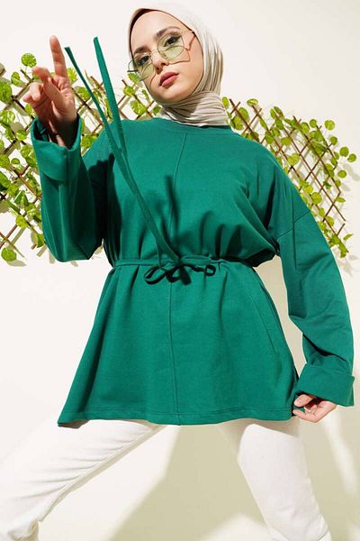 BYKUZEYARAS Belted Oversize Relaxed Fit Two Thread Tunic Sweat