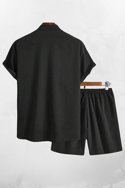 Ferhatlı Men's Crinkle Fabric Wrinkle Suit Summer Buttoned Short Sleeve Shirt and Shorts Suit with Pockets