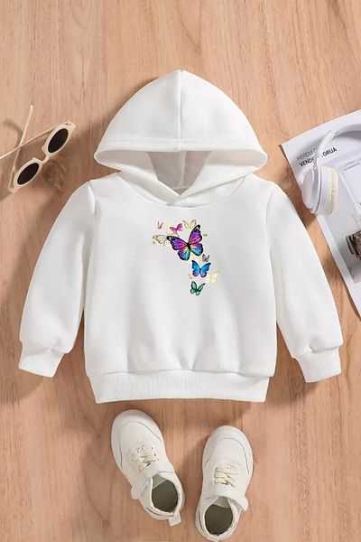 VBSVİBES Children's White Hooded Sweatshirt – Ucan Butterfly Printed, Thick Fabric with Hood