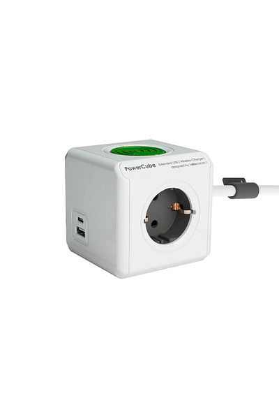 Allocacoc Prelungitor cubic cu încărcare wireless, Powercube, 2xUSB, 3 prize, 1.5m, alb/gri