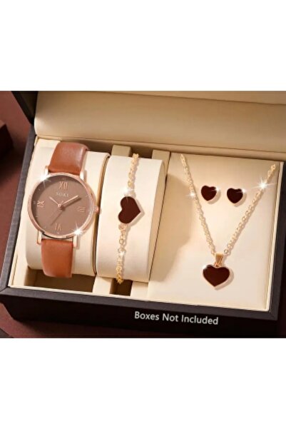 BBS "Şık Kadın Saat Takı Seti - SOKI Kol Saati, Kalpli Bileklik, Kolye ve Küpe Kutusuz
