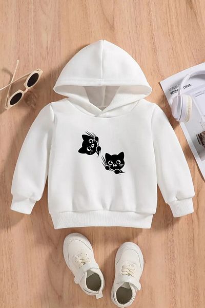 VBSVİBES Children's White Hooded Sweatshirt – Black Cat Printed, Thick Fabric with Hood