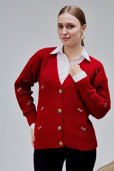LUGMO Women's Knitwear Cardigan Flower Embroidered Standard Size Red