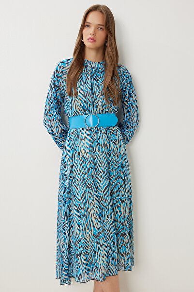 Lovelyİstanbul Šifonové šaty s páskem a vzorem LFG0070 BLUE BONE