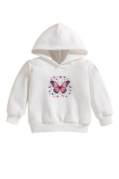 VBSVİBES Children's White Hooded Sweatshirt – Butterfly Printed, Thick Fabric with Embossment