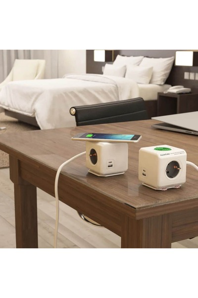 Allocacoc Cubic extension cord with wireless charging, Powercube, 2xUSB, 3 outlets, 1.5m, white/gray