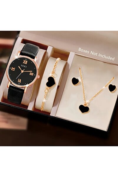 BBS "Şık Kadın Saat Takı Seti - SOKI Kol Saati, Kalpli Bileklik, Kolye ve Küpe Kutusuz