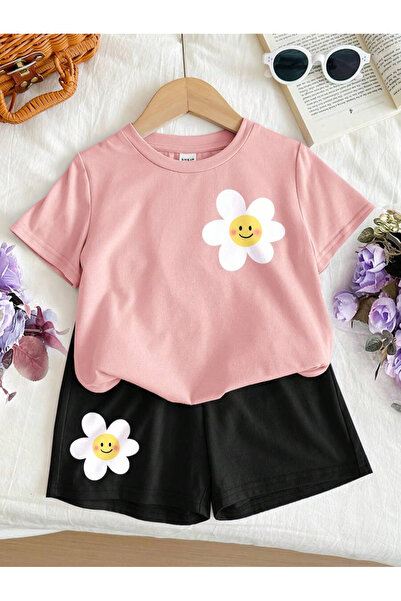 NoVibe Set pentru copii, tricou cu imprimeu floral pentru fete, pantaloni scu...