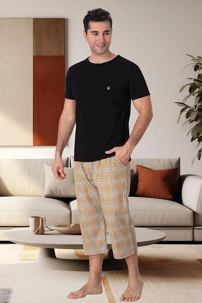 Mavelle Men's Black Plaid Large Size Capri Bottom Top Pajamas Suit 2912